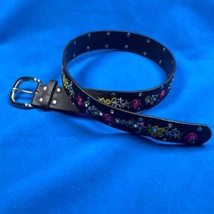 Brown leather embroidered and studded with bling belt